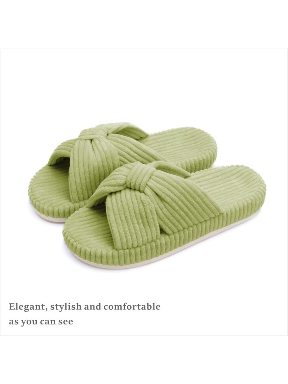 Women's Green Memory Foam House Corduroy Bow Crossbands Comfy Soft Slipper Shoes - Picture 6 of 6